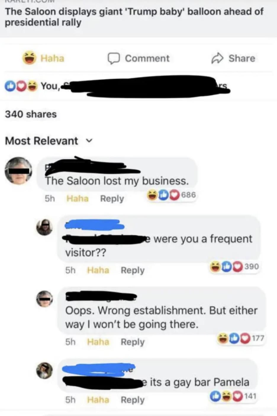 web page - The Saloon displays giant 'Trump baby' balloon ahead of presidential rally Haha You, 340 Most Relevant Comment The Saloon lost my business. 5h Haha Do 686 rs visitor?? 5h Haha were you a frequent 390 Oops. Wrong establishment. But either way I 